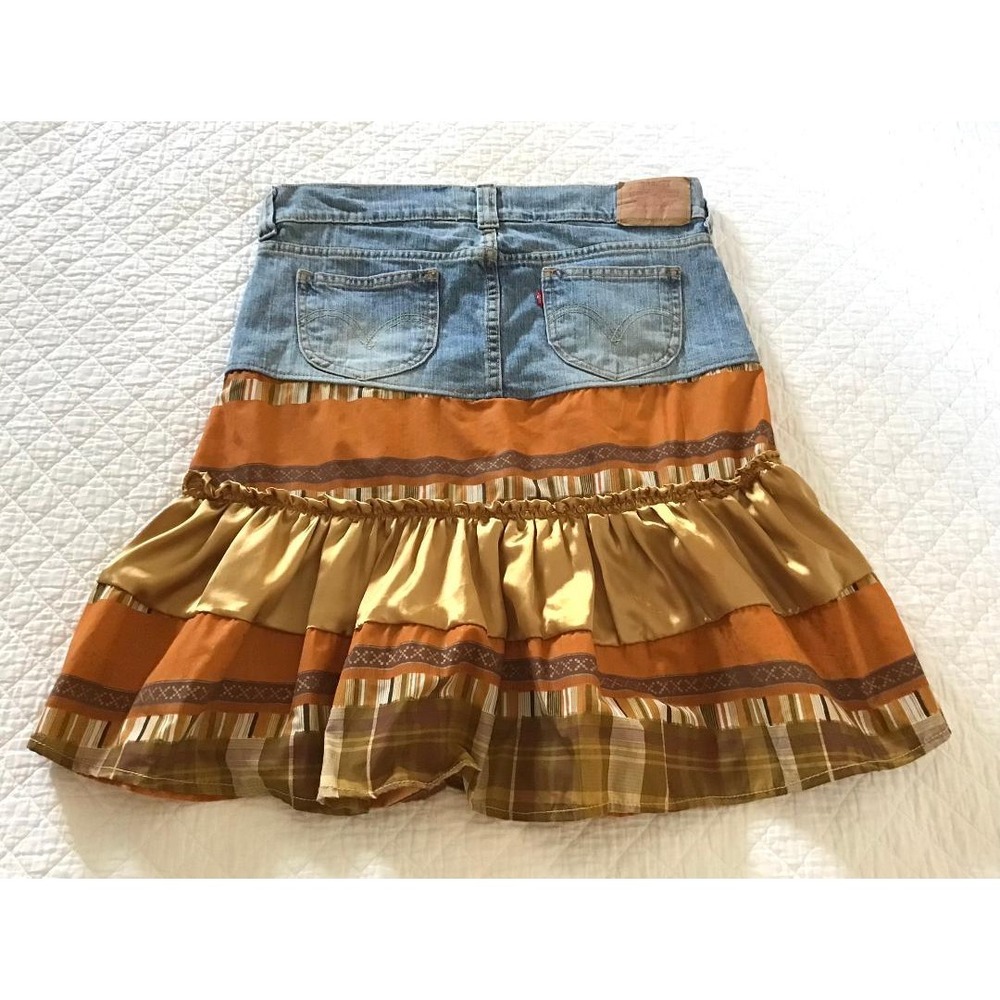 Levis Y2K Upcycled Denim Boho Tiered Ruffle Skirt Sz 9 Festival Western Cottage - Picture 10 of 15
